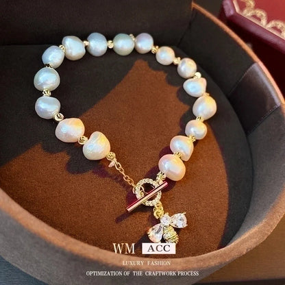 Retro Heart Shape Bee Freshwater Pearl Copper Bracelets