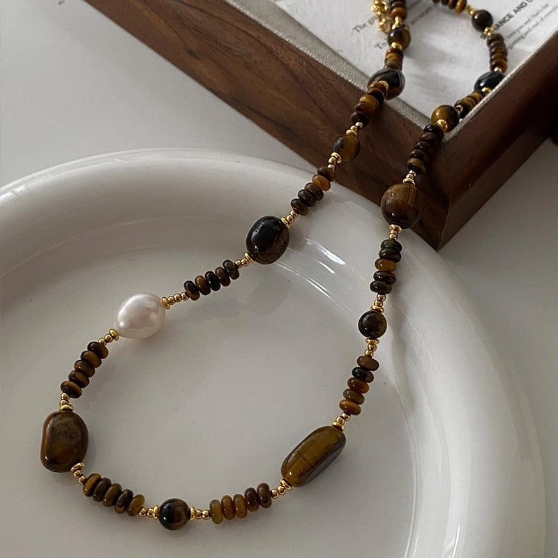 Minimalist Geometric Natural Stone Tiger Eye Pendant Necklace In Bulk