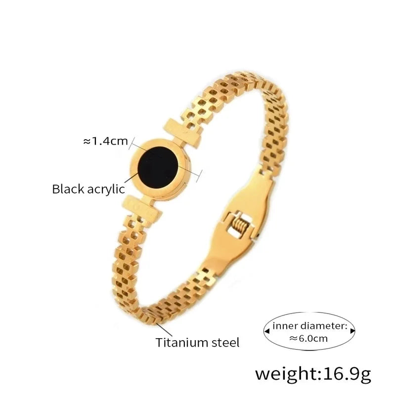 Luxurious Minimalist Roman Style Roman Numeral Titanium Steel 18K Gold Plated Shell Bangle In Bulk