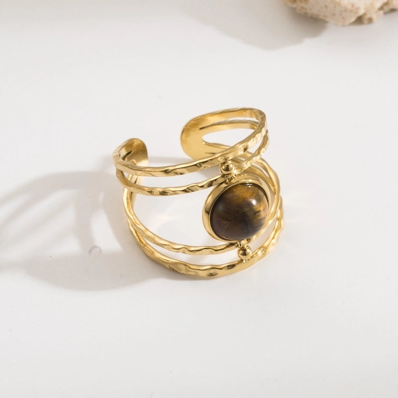Vintage Style Minimalist Geometric 304 Stainless Steel Natural Stone 18K Gold Plated Inlay Open Rings