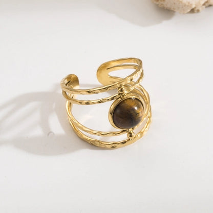 Vintage Style Minimalist Geometric 304 Stainless Steel Natural Stone 18K Gold Plated Inlay Open Rings