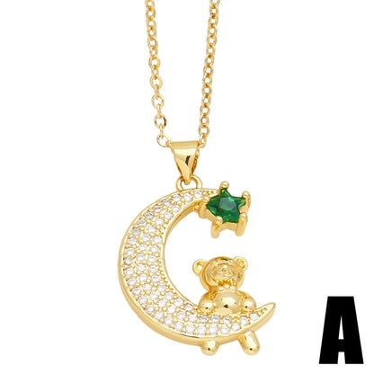 Cute Minimalist Little Bear Copper 18k Gold Plated Zircon Pendant Necklace In Bulk