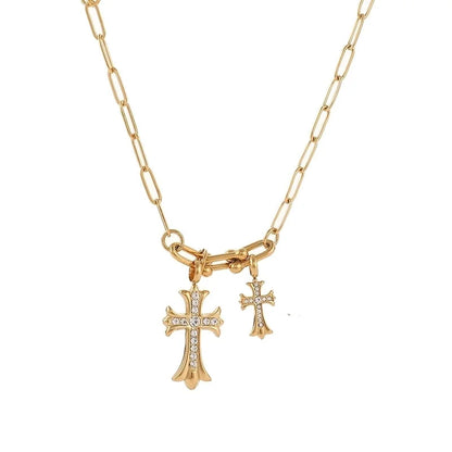 Classic Style Cross 304 Stainless Steel Rhinestones 18K Gold Plated Chain Pendant Necklace