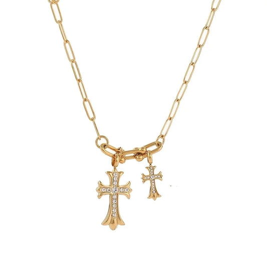 Classic Style Cross 304 Stainless Steel Rhinestones 18K Gold Plated Chain Pendant Necklace