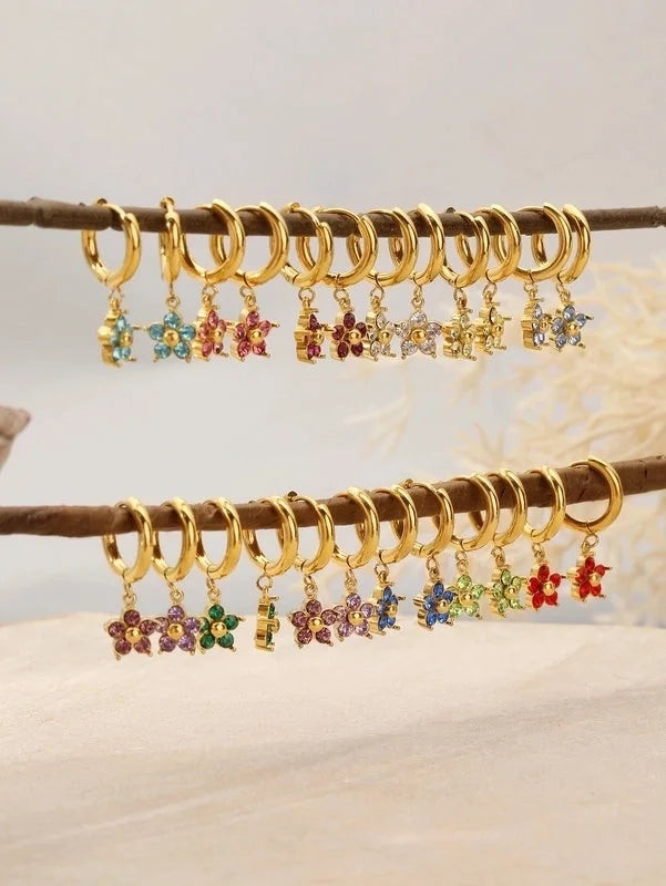1 Pair Elegant Flower Plating Inlay 304 Stainless Steel Rhinestones 18K Gold Plated Drop Earrings