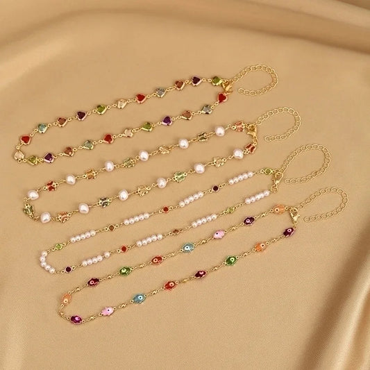 2 Pieces Fashion Devil\'s Eye Butterfly Beaded Copper Gold Plated Necklace In Bulk