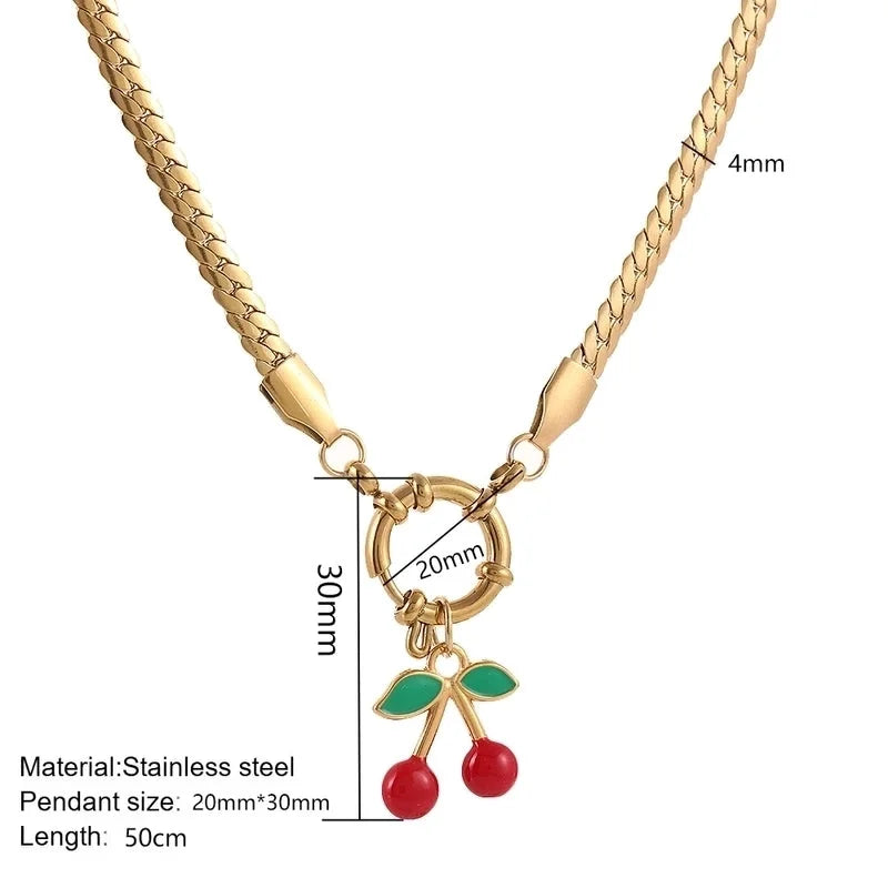 Elegant Minimalist Cherry 304 Stainless Steel Zircon 18K Gold Plated Inlay Pendant Necklace