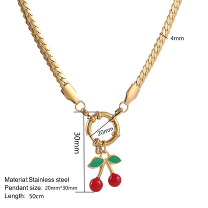 Elegant Minimalist Cherry 304 Stainless Steel Zircon 18K Gold Plated Inlay Pendant Necklace