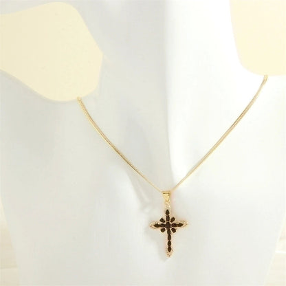 Minimalist Cross Copper 18k Gold Plated Zircon Pendant Necklace In Bulk