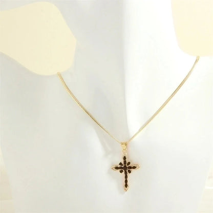 Minimalist Cross Copper 18k Gold Plated Zircon Pendant Necklace In Bulk