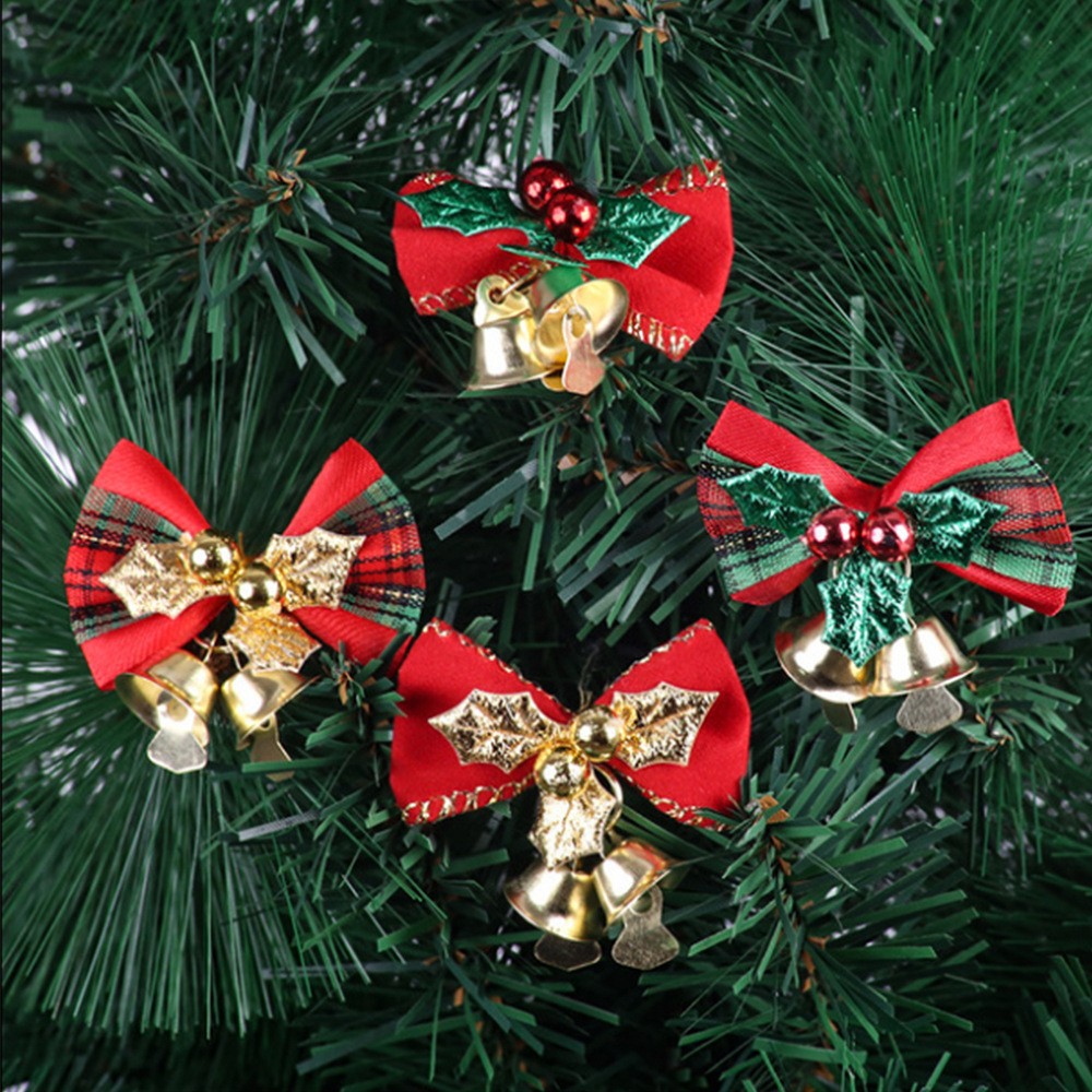 2 Packs 4 Pack Christmas Decoration Mini Bow Christmas Wreath Vine Ring Decoration Small Bow Accessories With Bells