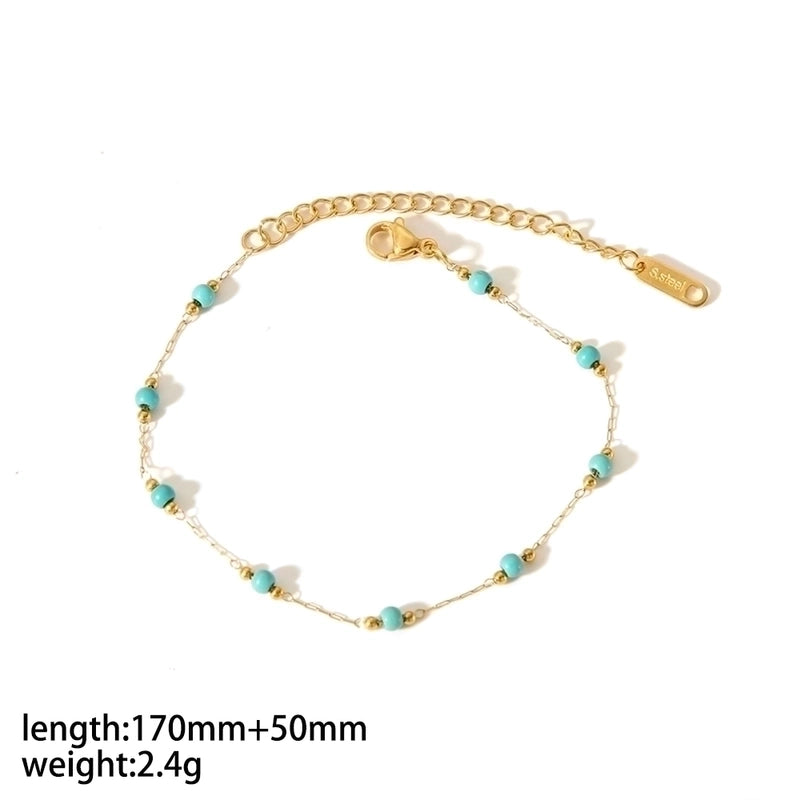 304 Stainless Steel 18K Gold Plated Minimalist Classic Style Polishing Plating Inlay Round Natural Stone Bracelets Anklet Necklace