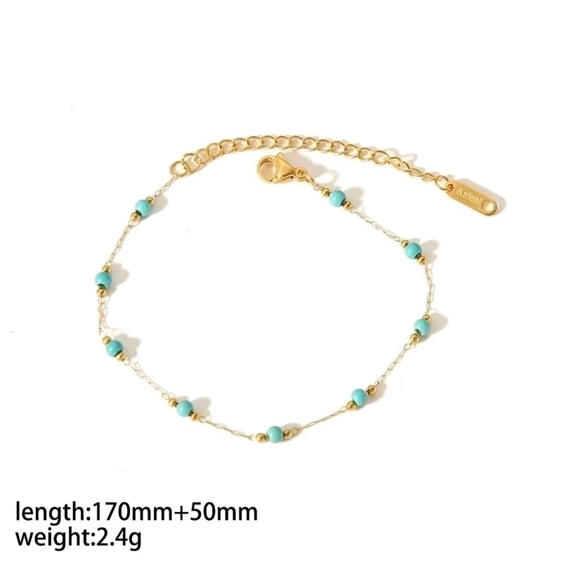 304 Stainless Steel 18K Gold Plated Minimalist Classic Style Polishing Plating Inlay Round Natural Stone Bracelets Anklet Necklace