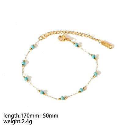 304 Stainless Steel 18K Gold Plated Minimalist Classic Style Polishing Plating Inlay Round Natural Stone Bracelets Anklet Necklace