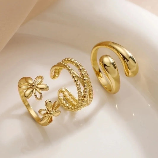 Retro French Style Minimalist Daisy Copper 18k Gold Plated Open Rings In Bulk