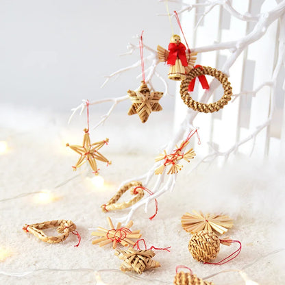 200 Boxes Hot Selling Natural Wheat Straw Handmade Five-pointed Star Snowflake Snowman Christmas Tree Pendant Christmas Decoration