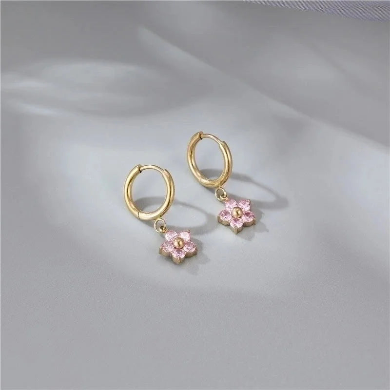 1 Pair Fashion Flower Plating Inlay 304 Stainless Steel Zircon Gold Plated Drop Earrings