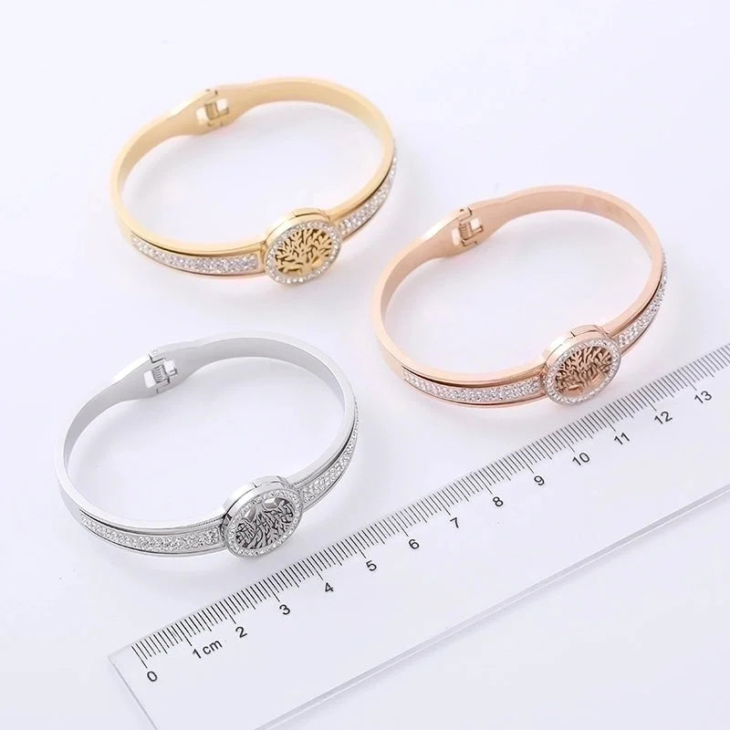 Fashion Tree Stainless Steel Hollow Out Rhinestones Bangle