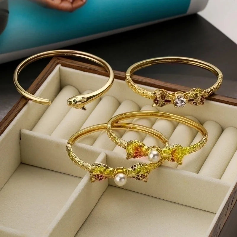 2 Pieces Hip-hop Leopard Copper 18k Gold Plated Pearl Zircon Bangle In Bulk