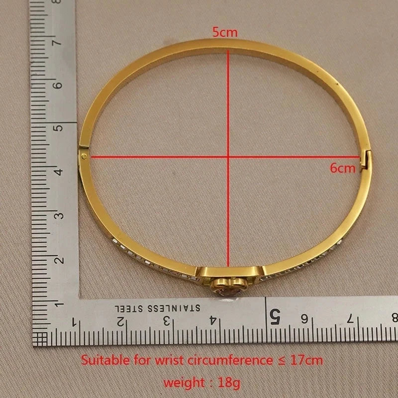 Elegant French Style Square Heart Shape Titanium Steel 18K Gold Plated Zircon Bangle In Bulk