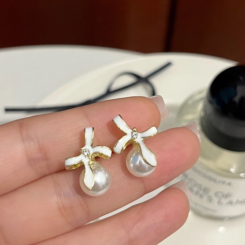 1 Pair Fashion Leaf Flower Bow Knot Imitation Pearl Alloy Rhinestones Earrings