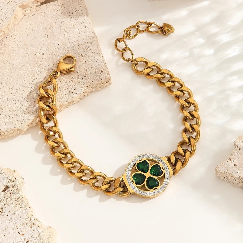 3 Pieces Elegant Four Leaf Clover Life Tree Titanium Steel Cuban Link Chain Curb Chain Bracelets In Bulk