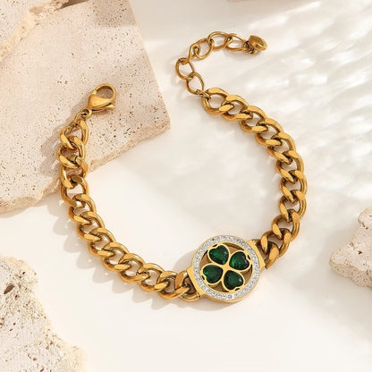 3 Pieces Elegant Four Leaf Clover Life Tree Titanium Steel Cuban Link Chain Curb Chain Bracelets In Bulk