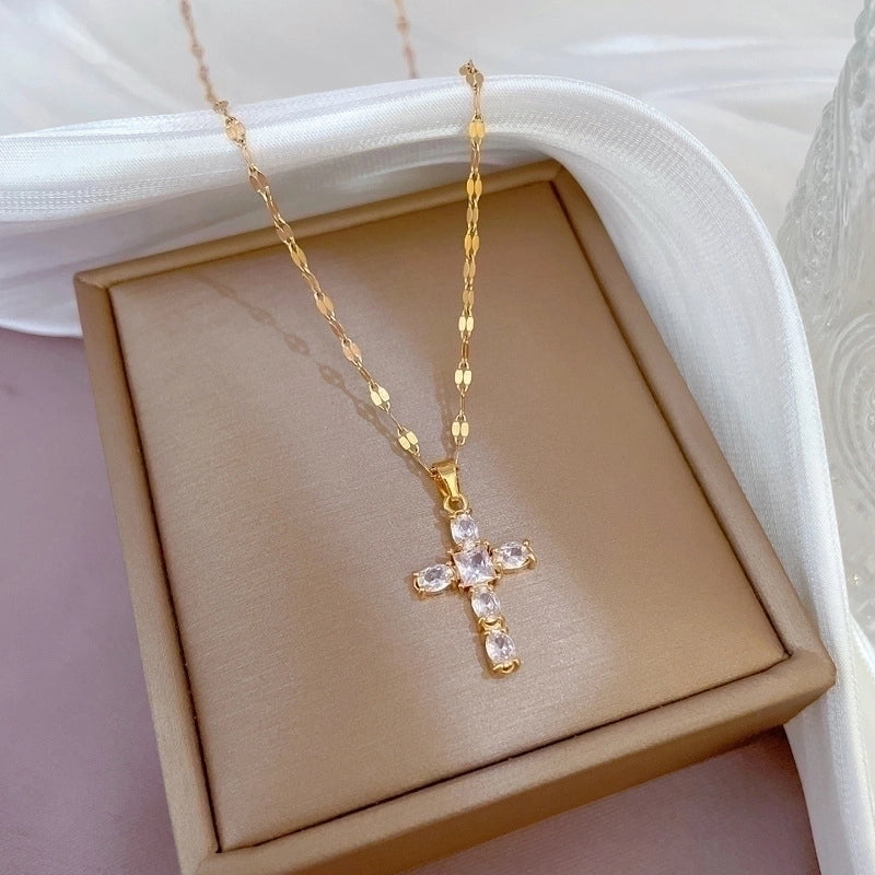 Minimalist Cross Titanium Steel Copper Zircon Pendant Necklace In Bulk