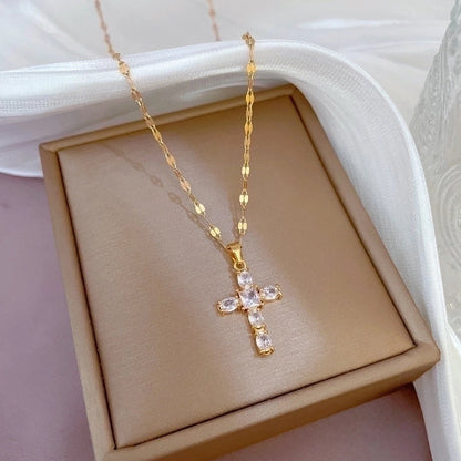 Minimalist Cross Titanium Steel Copper Zircon Pendant Necklace In Bulk