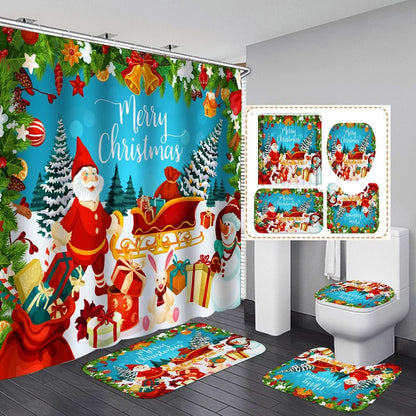 Cute Classic Style Christmas House Santa Claus Snowman Polyester Shower Curtain Bathing
