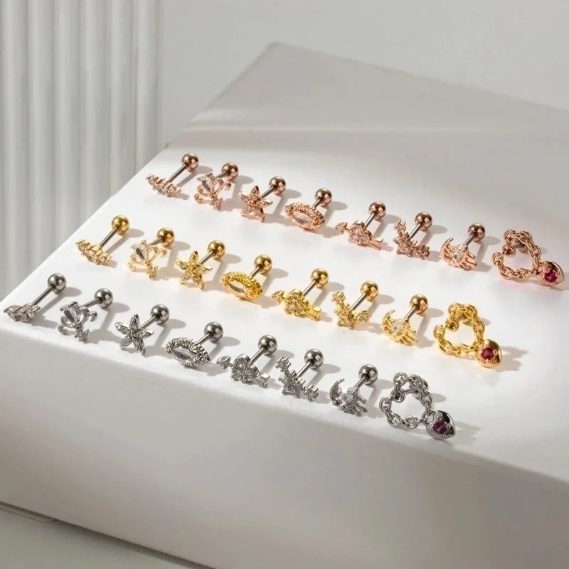 1 Piece Ear Cartilage Rings & Studs Sweet Heart Shape Flower 316L Stainless Steel Copper Plating Inlay Zircon Ear Cartilage Rings & Studs