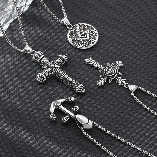 Hip-Hop Cross Anchor Skull Stainless Steel Carving Halloween Men's Pendant Necklace