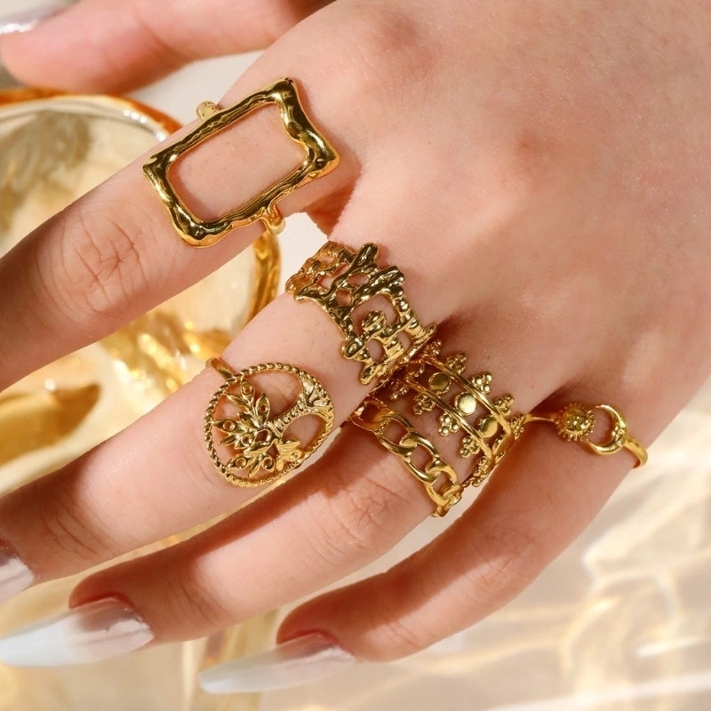 Retro Life Tree Solid Color Rectangle 304 Stainless Steel Open Rings