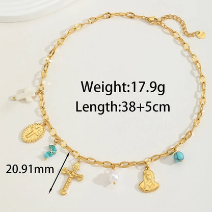 Elegant Exaggerated Vacation Geometric Cross Sun 304 Stainless Steel Imitation Pearl 18K Gold Plated Inlay Multi Charms Necklace