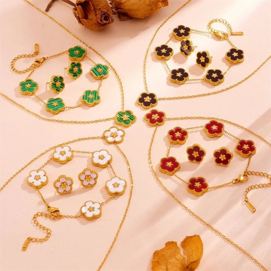 Sweet Minimalist Flower Titanium Steel Artificial Gemstones Turquoise Shell Inlay Jewelry Set