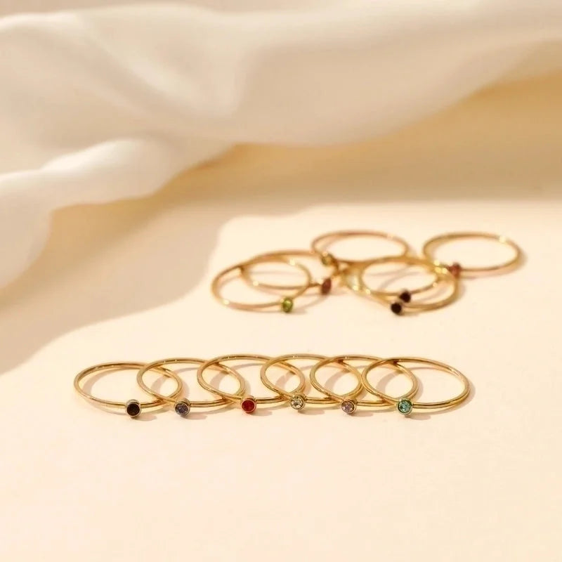 304 Stainless Steel 18K Gold Plated Minimalist Plating Inlay Round Rhinestones Birthstone Rings