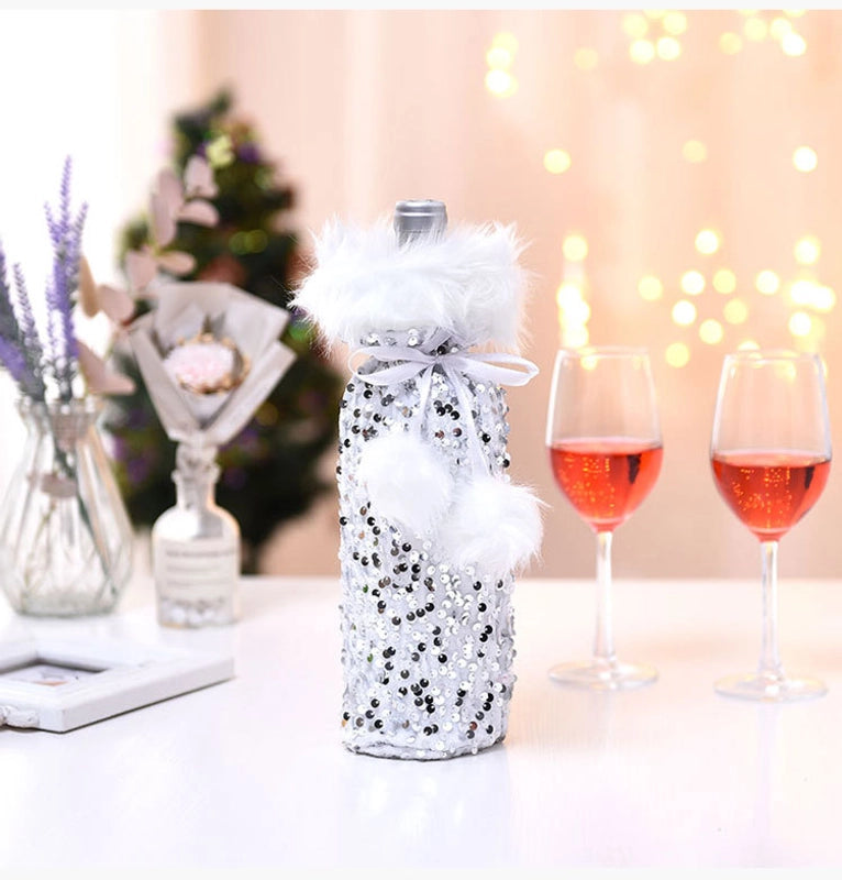 Cross-border New Arrival Christmas Decorations European And American Sequins Bottle Cover Plush Drawstring Wine Gift Box Hotel Dining Table Dress Up