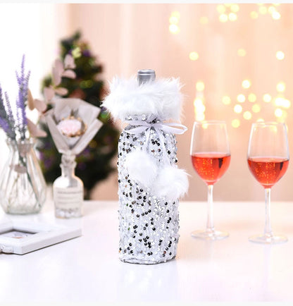 Cross-border New Arrival Christmas Decorations European And American Sequins Bottle Cover Plush Drawstring Wine Gift Box Hotel Dining Table Dress Up