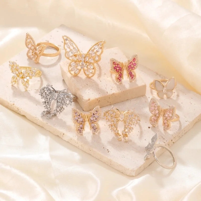 Copper K Gold Plated Rhodium Plated Sweet Minimalist Artistic Inlay Butterfly Zircon Open Rings