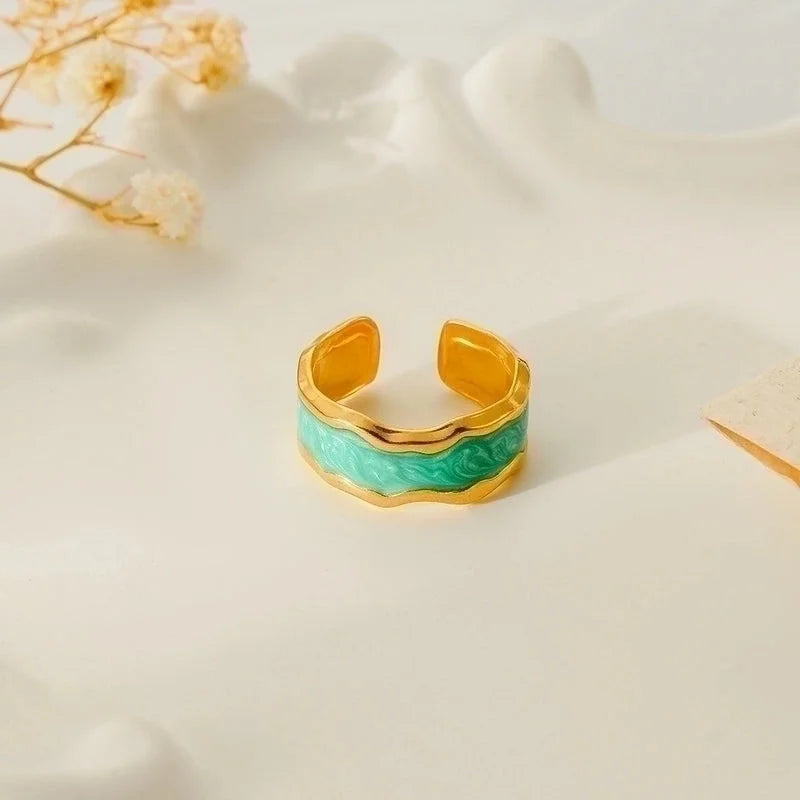 Minimalist Love Heart Shape Eye 304 Stainless Steel Rhinestones 18K Gold Plated Enamel Plating Inlay Open Rings