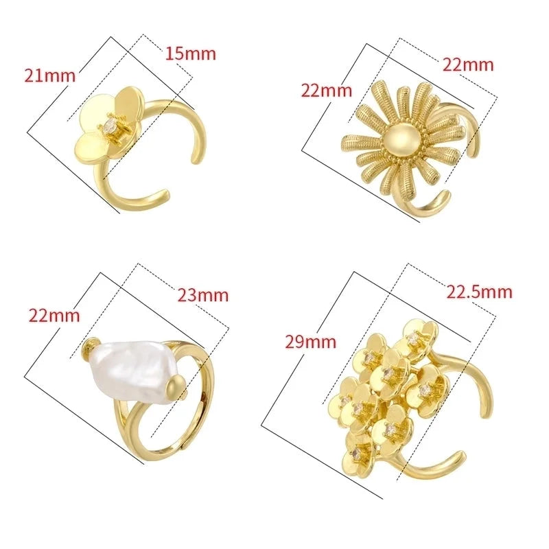Copper 18K Gold Plated Pearl Plating Inlay Petal Artificial Pearls Zircon Open Rings