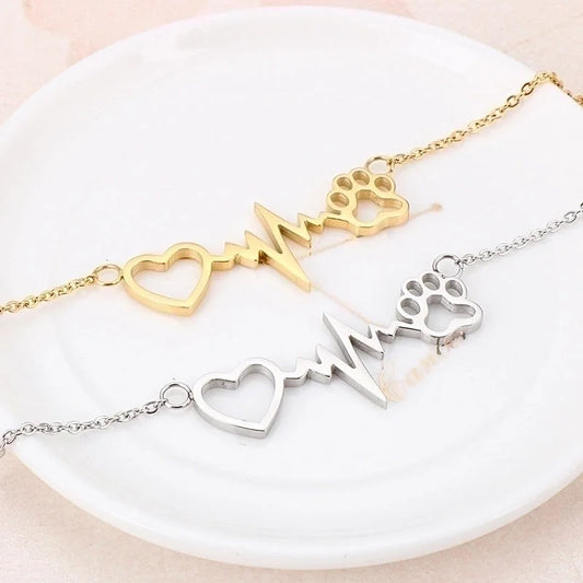 Sweet Paw Print Heart Shape Titanium Steel 18K Gold Plated Bracelets In Bulk