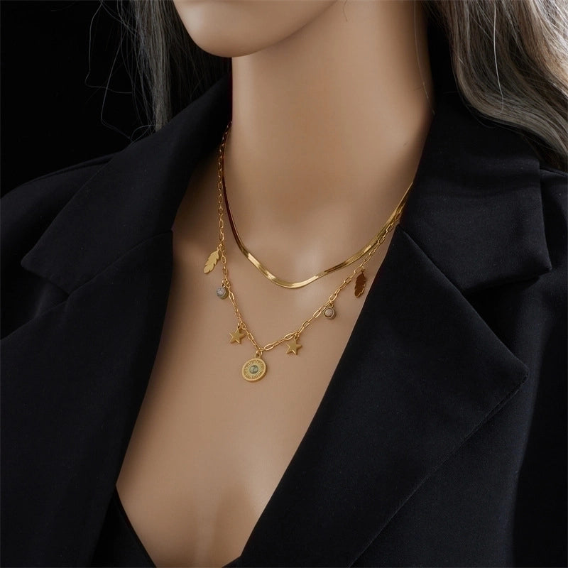 Fashion Sun Eye Titanium Steel Plating Inlay Turquoise Layered Necklaces