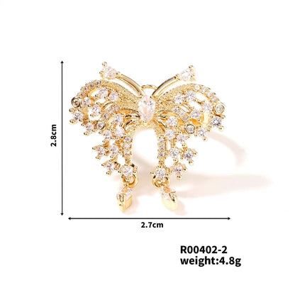 Copper K Gold Plated Rhodium Plated Sweet Minimalist Artistic Inlay Butterfly Zircon Open Rings
