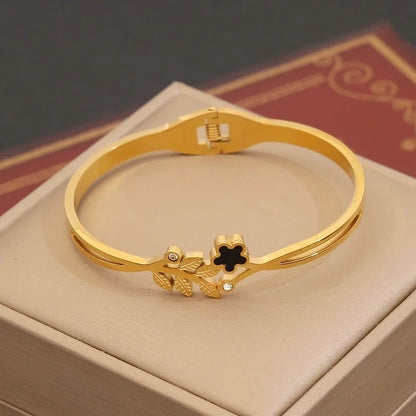 Minimalist Leaves Flower Bow Knot 304 Stainless Steel 18K Gold Plated Zircon Bangle In Bulk