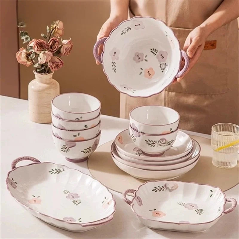 Purple Ceramic Bowl And Dish Set Household Japanese Style Bowl And Dish Fresh Dinner Housewarming Dish Bowl And Chopsticks Set