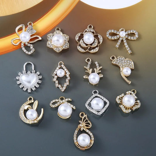 10 PCS/Package 17 * 25mm 18 * 21mm 20*22MM Alloy Rhinestones Pearl Flower Bow Knot Elk Jewelry Accessories Pendant
