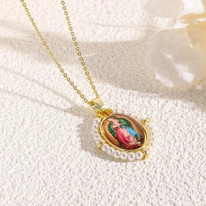 Copper 18K Gold Plated Inlay Human Virgin Mary Acrylic Imitation Pearl Pendant Necklace