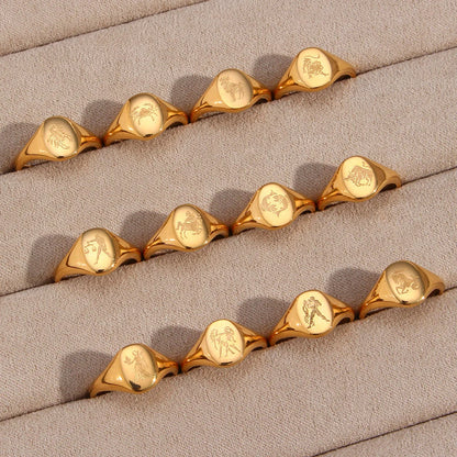 Minimalist Women Circle Zodiac Sign Stainless Steel 18K Gold Plated Rings