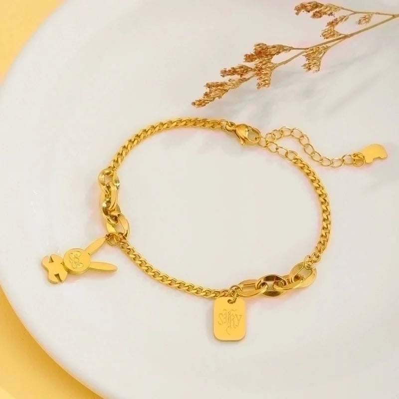 Sweet Rabbit Sun Heart Shape Titanium Steel 18K Gold Plated Artificial Gemstones Bracelets In Bulk